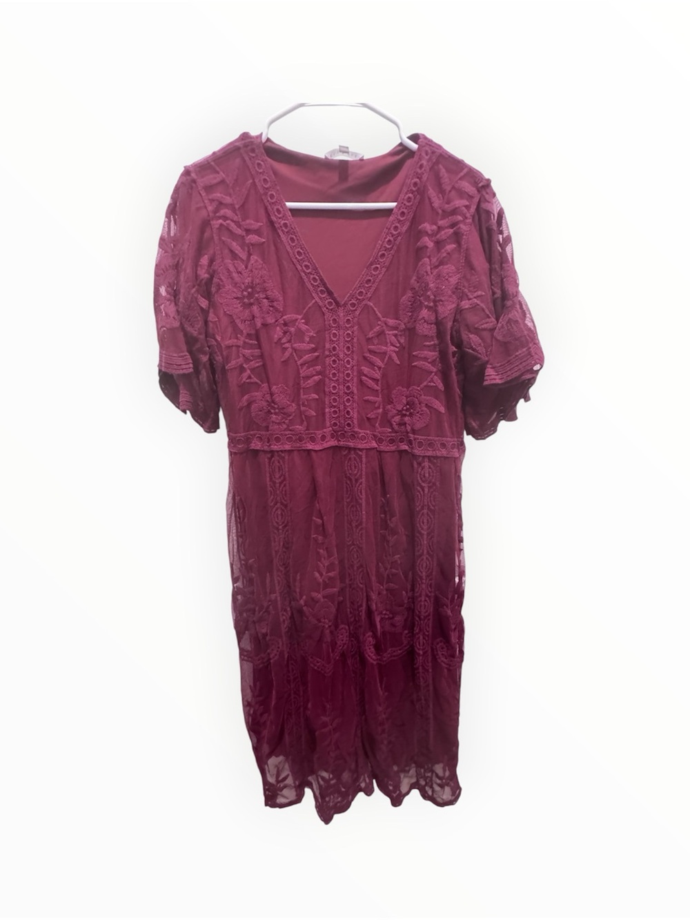 Floral Lace V-Neck Midi Dress in Plum